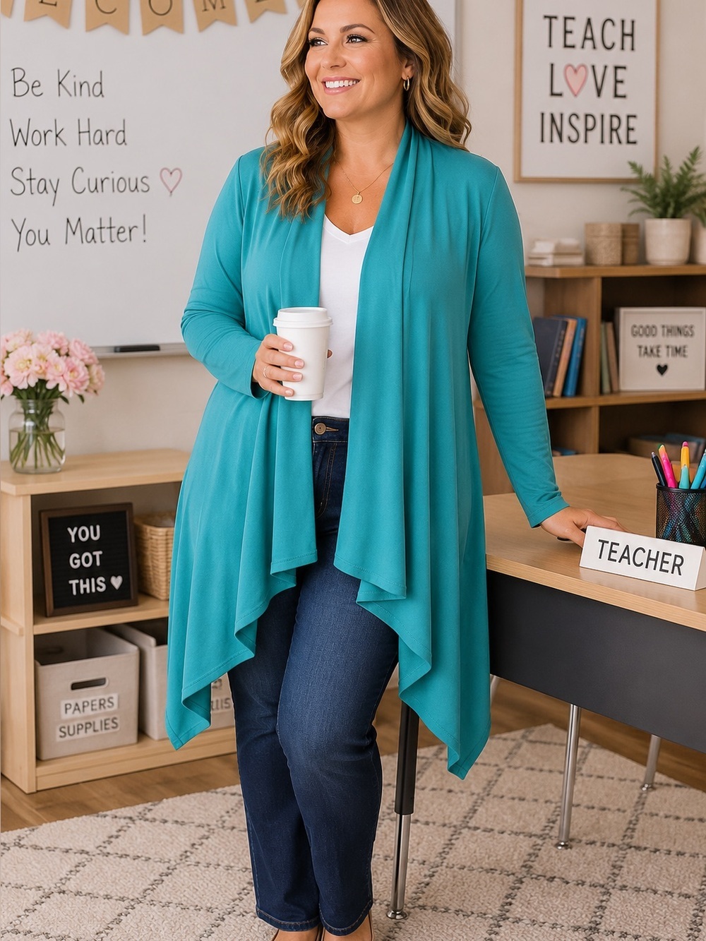 Azules Teal Waterfall Open Front Cardigan XL NWOT Made in USA Longline Drape